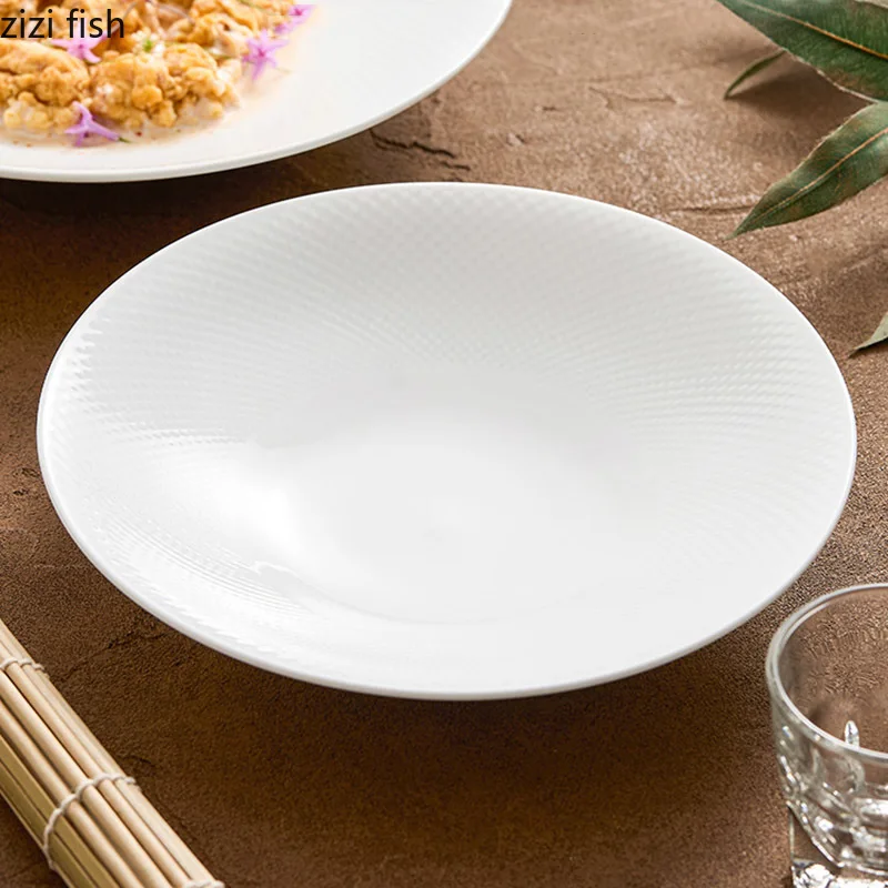 Pure White Ceramic Vegetable Salad Plate Round Deep Plate Thick Soup Pasta Fruit Plates Restaurant Specialty Tableware