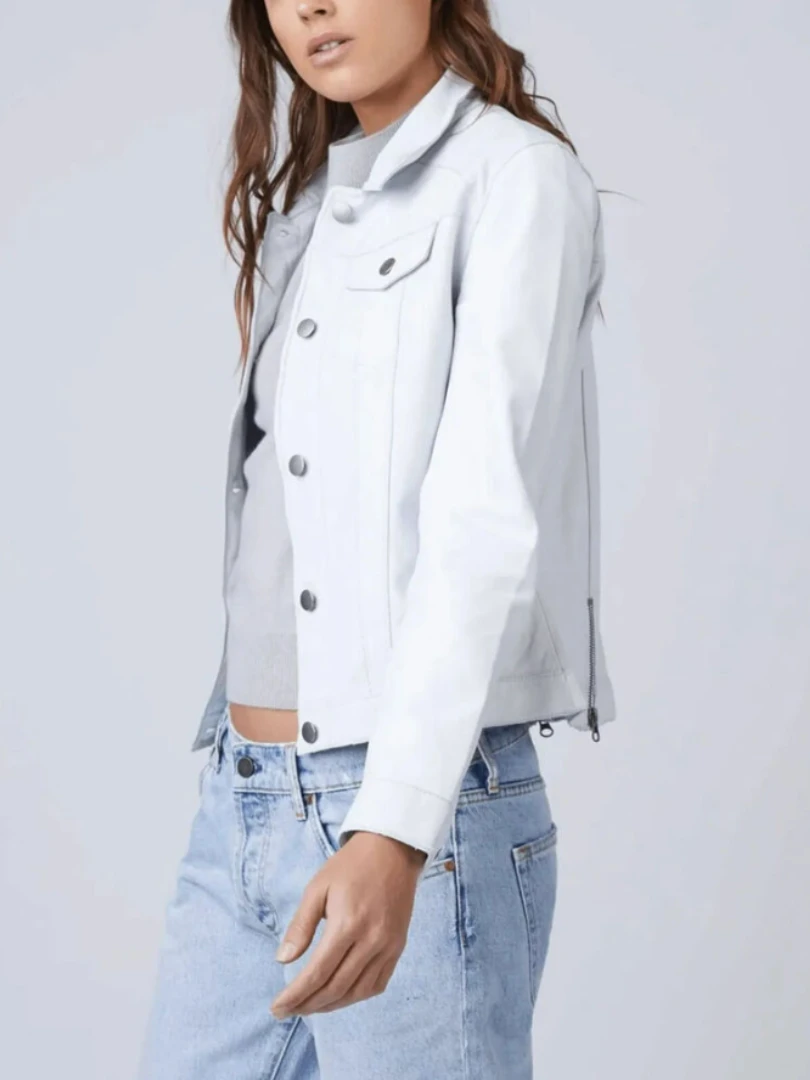 Women White Jacket Real Lambskin Genuine Leather Ladies Trucker Coat Genuine Leather Jacket Women