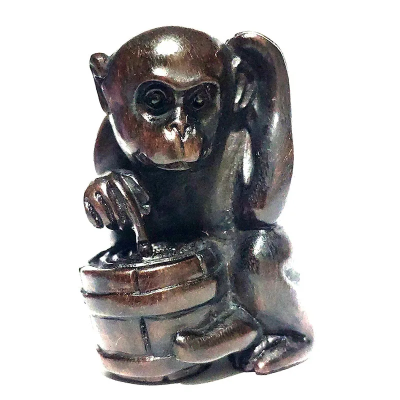 Y6875 -Collectible 20 Years Old 2'' Hand Carved Ebony Ironwood Netsuke: Smart Monkey