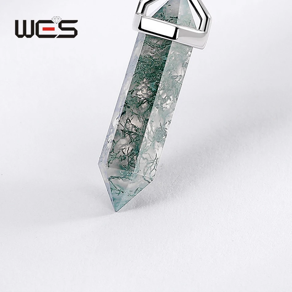 WES 925 Sterling Silver Bullet Shaped Pendant Necklace for Woman Natural Stone Moss Agate Hexagonal Prism Party Gifts