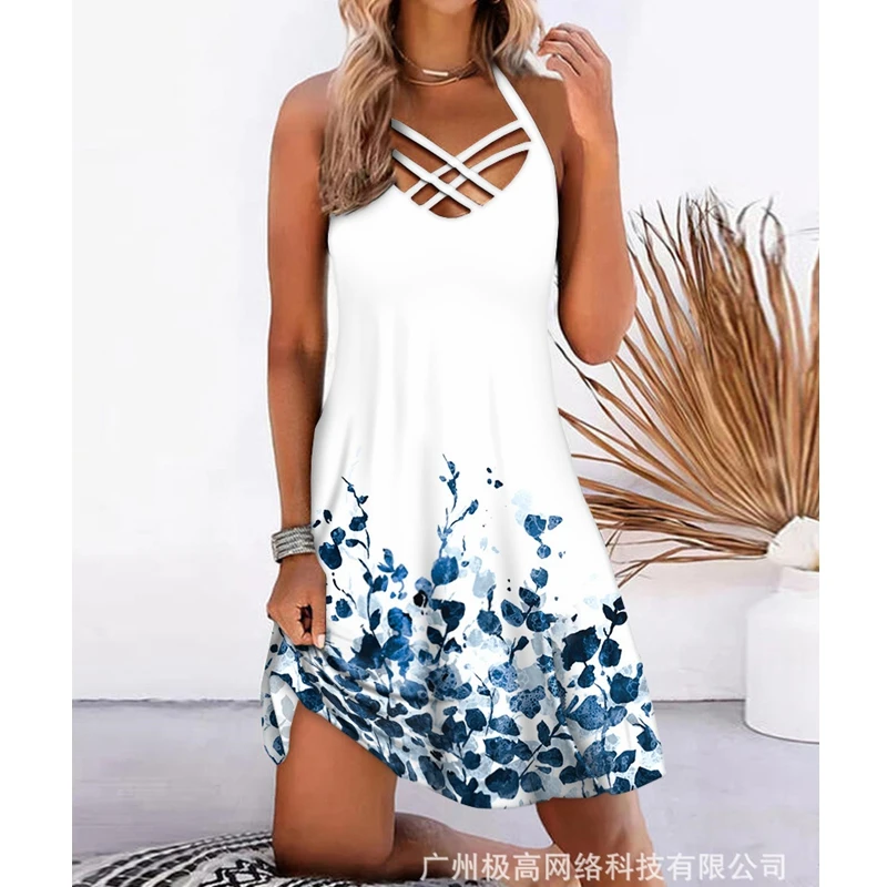 

Женское платье на бретельках-спагетти, летнее свободное платье-пуловер с V-образным вырезом и цифровым принтом