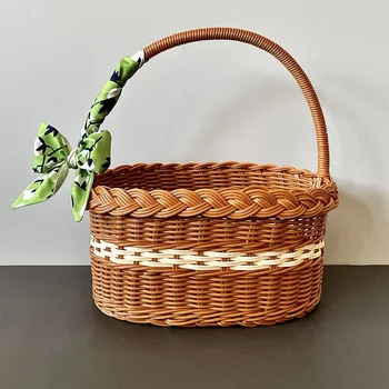 손잡이가 있는 대형 쇼핑 바구니, 과일 야채 보관 바구니, 빨래 옷 바구니, 등나무 바구니