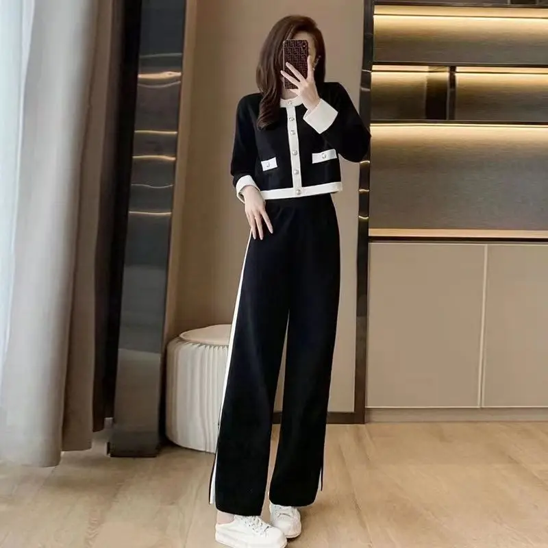 Xiaoxiangfeng Sports Leisure Set For Women's Spring Autumn 2023 New Style Fashion Knitted Cardigan Wide Leg Pants Two Piece Suit