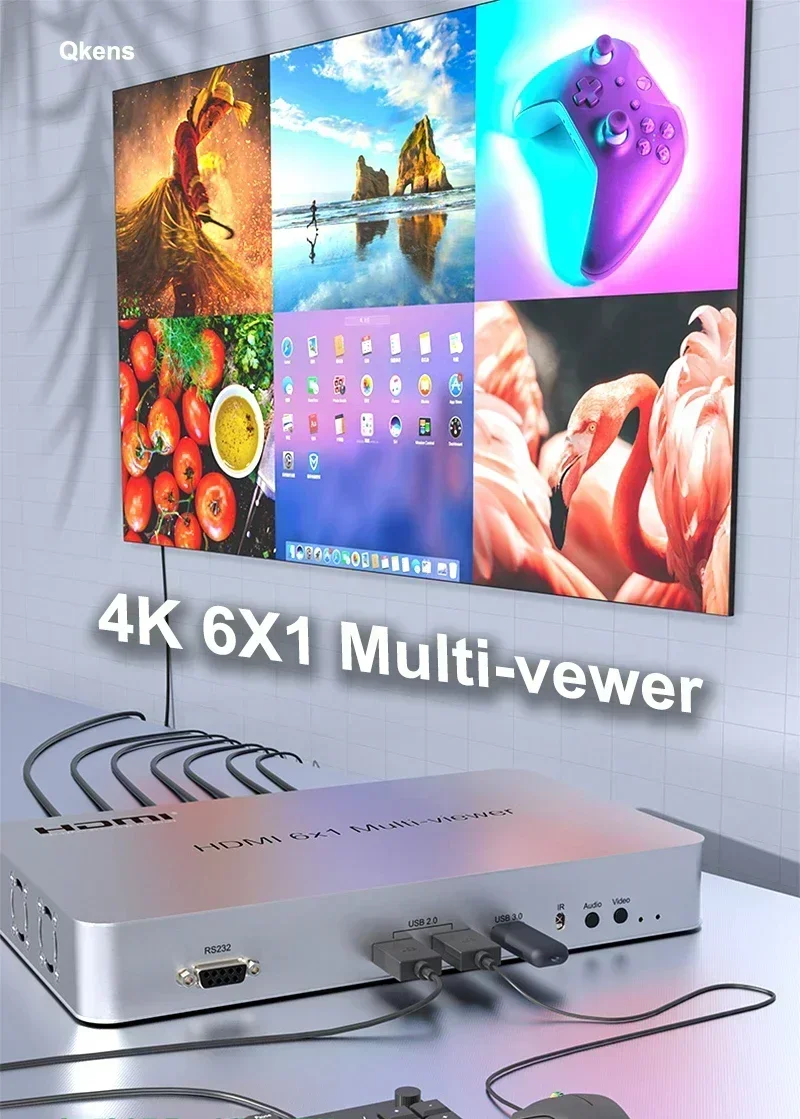 4K 6x1 HDMI 멀티뷰어 1080P 4x1 쿼드 스크린 멀티뷰어 원활한 스위치 비디오 멀티플렉서 USB 3.0 줌 인 아웃 180 ° PIP 회전
