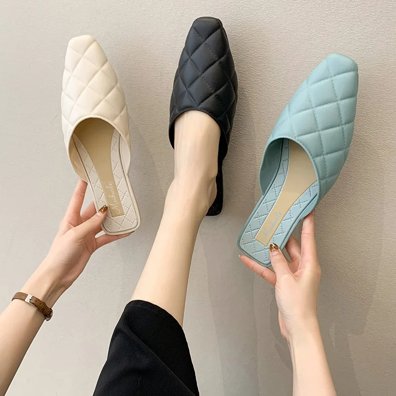 

Fashion Outdoor Beach Flat Non-slip Women Shoes Checkered Pattern Leisure Concise Square Head Spring Autumn Female Shoes 2023