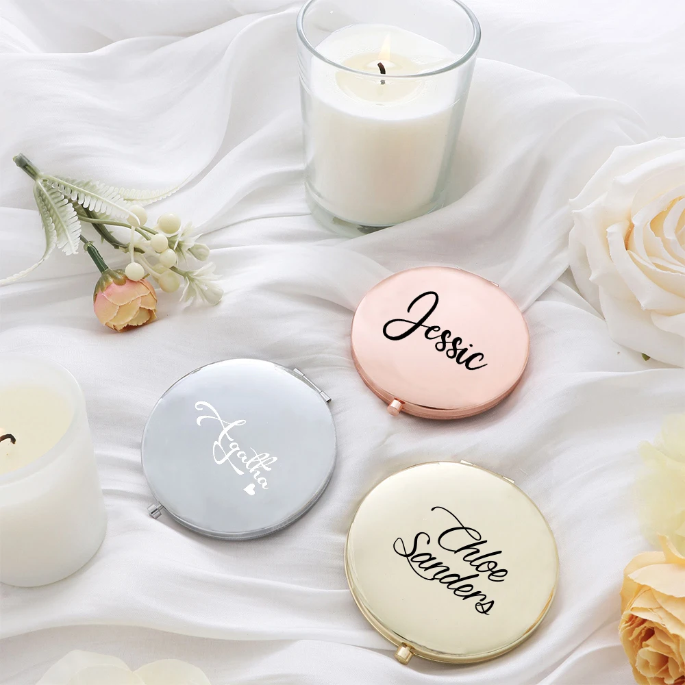 Custom Portable Bridal Folding Compact Makeup Mirror Wedding Party Favors With Name Round Housing Double Sided Pop Pocket Mirror