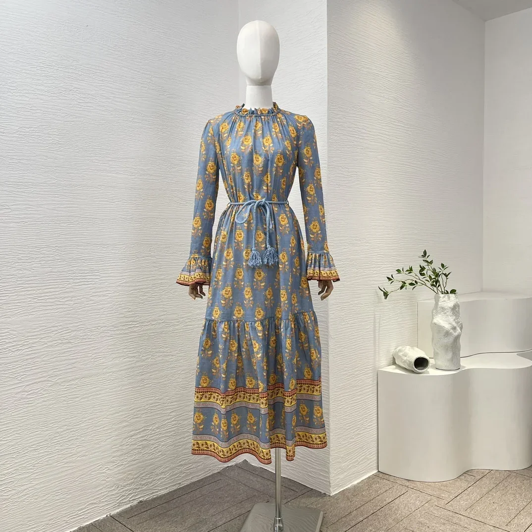 

New Top Quality Cotton Vintage Yellow Floral Print Lace-up Full Flare Sleeve Frill Women Casual Midi Dress