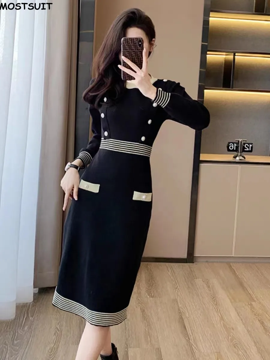 

Elegant Knit Sweater Dress For Women Stylish Vintage Fashion Ladies Dresses Long Sleeve O-neck Slim Fit Vestidos Ropa Mujer 2024