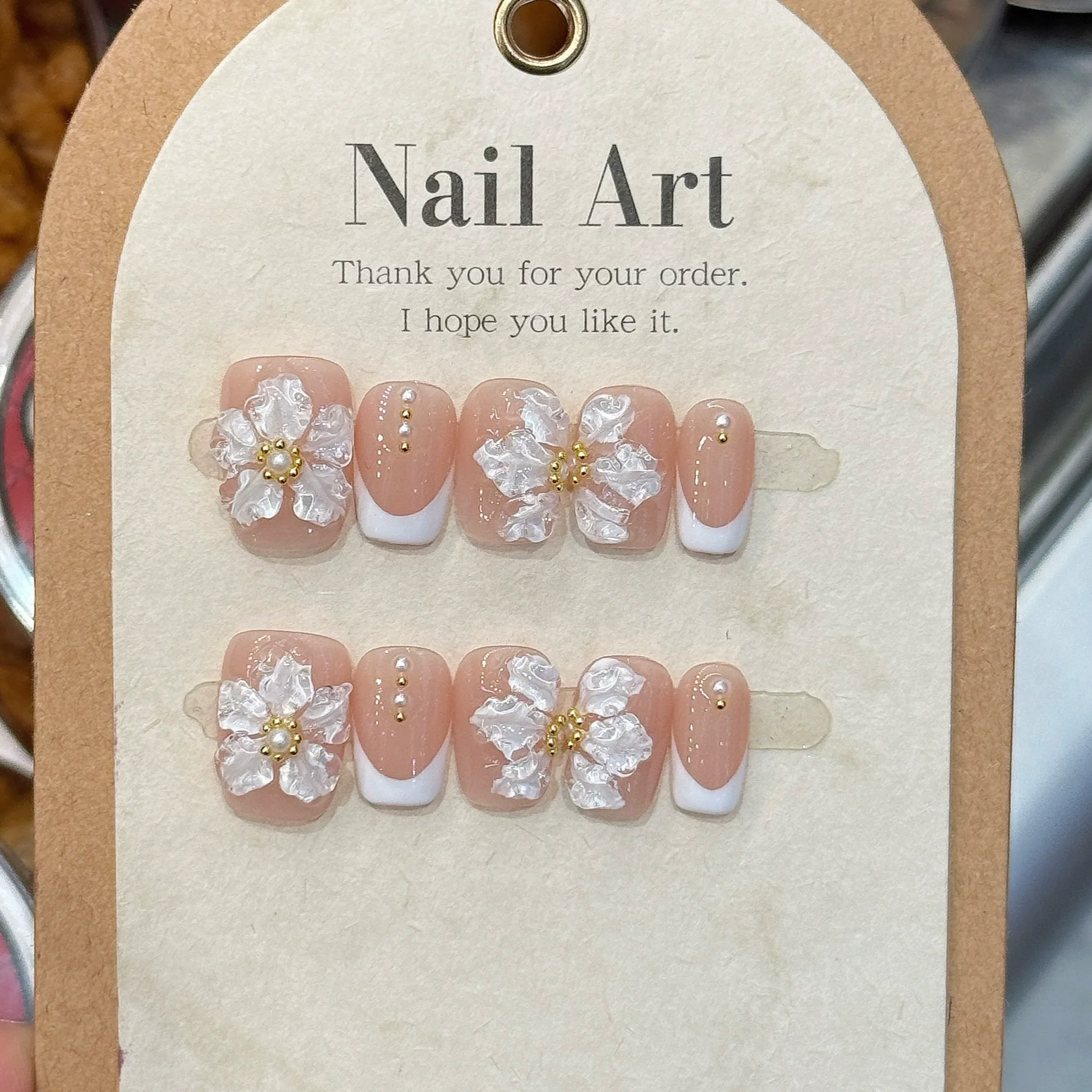 French Handmade Press on Nails - Elegant White Flower