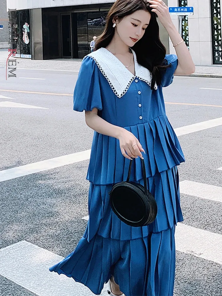 

LANMREM Sweet Dress Women Summer New Stitching Lapel Collar Short Sleeves Layers Long Length Female Streetwear Clothing 2DA5241