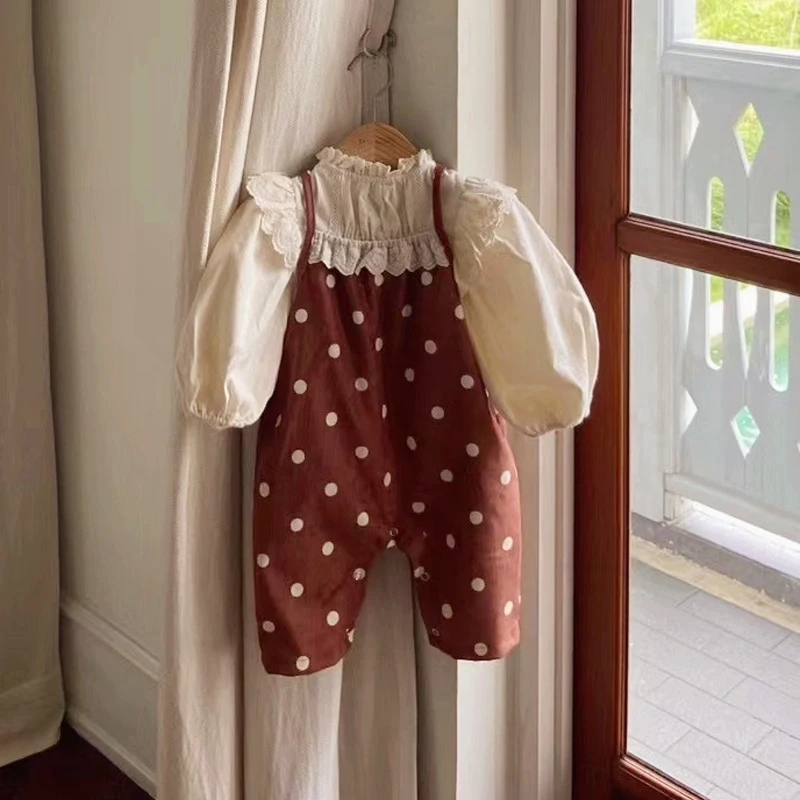 

Autumn Newborn Baby Girl Sleeveless Romper Toddler Polka Dot Overalls Girls Lace Ruffle Suspender Jumpsuit Cotton Infant Clothes