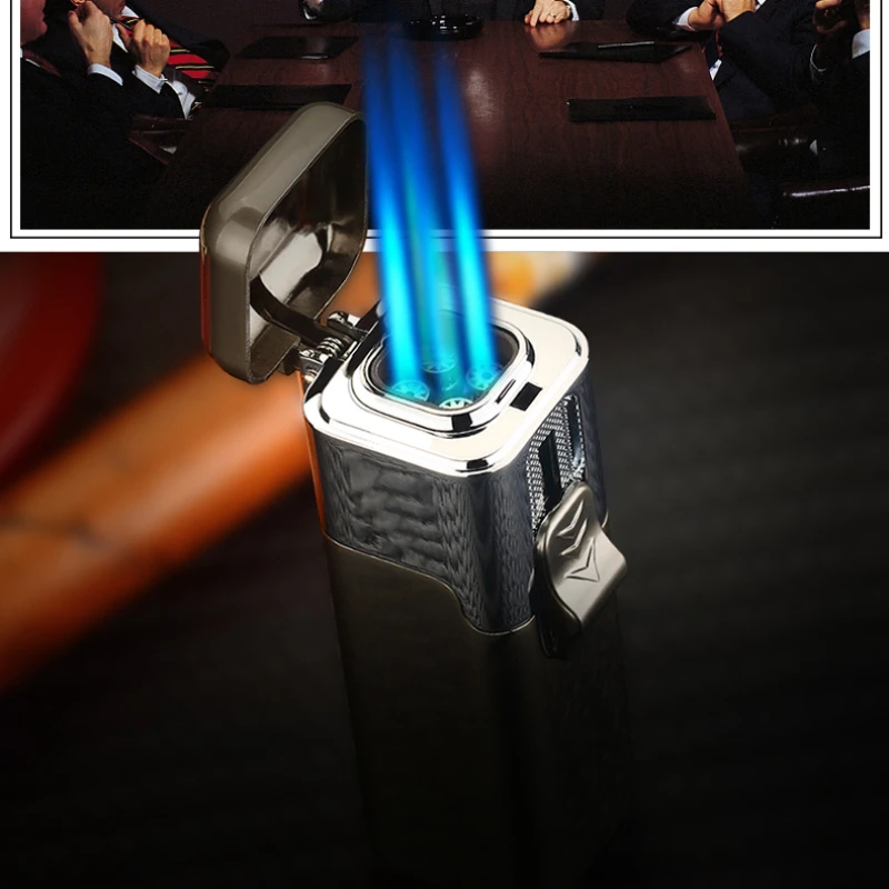 Metal Torch Gas Windproof Cigar Butane Lighter Four Fire Blue Flame Jet Adjustable Luxury Cigar Smoking Accessories Men's Gift images - 6