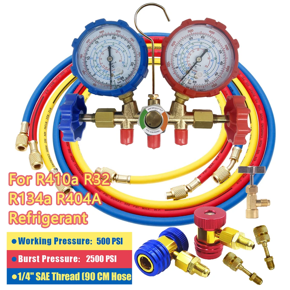 Air Condition AC Diagnostic Manifold Gauge Pressure Gauge Set Refrigerant Air Conditioning Tools With Hoses Hook