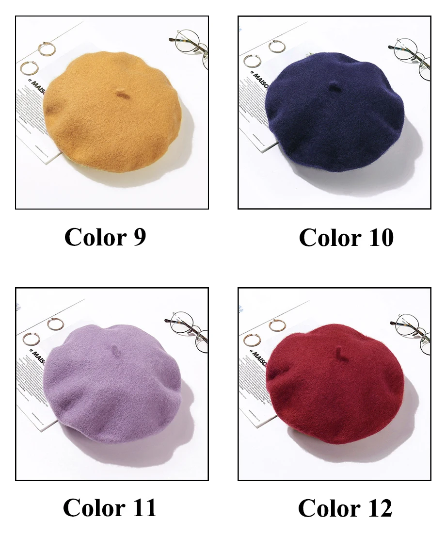 Wolle Baskenmütze Hut Frauen Winter Dicke Französisch Hut Mädchen Einfarbig Herbst Berets Caps Hüte Für Frauen Flache Kappe Hut Filz Berets – Detail 12