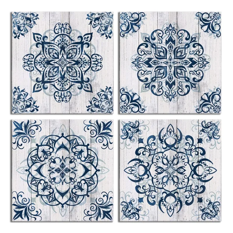 

4 Pieces Mandala Flowers Wall Art Canvas Painting Blue Flowers Poster Print Modern Style Picture Living Room Home Decor