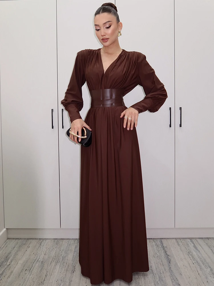 Nibber Lantern Sleeve Body-Shaping Dress Women Simple V-Neck Shoulder Padded Ruched Patchwork Classic Stretch Elegant Vestidos