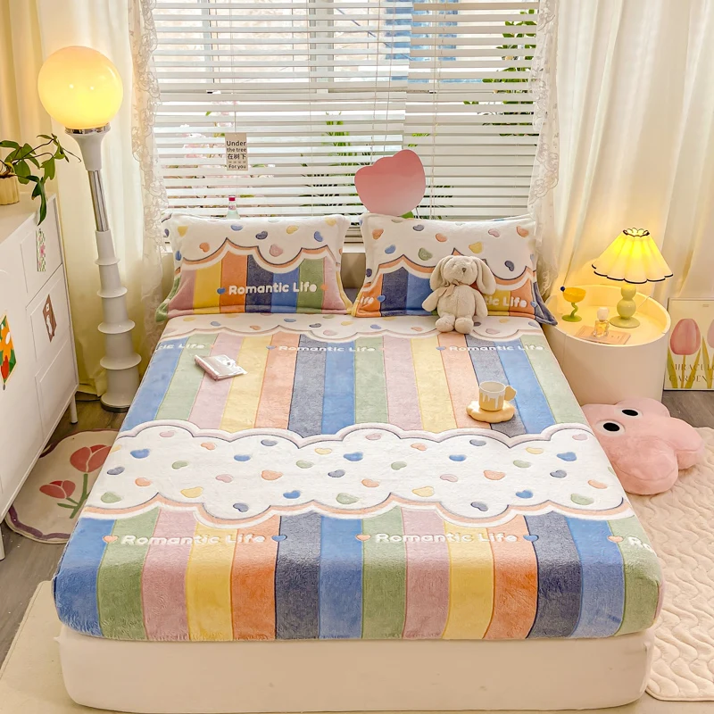 Soft Warm Snowflake Velvet Plush Fitted Sheet Elastic Mattress Cover Fluffy Coral Fleece Bed Linen Winter Couple Customized size 3