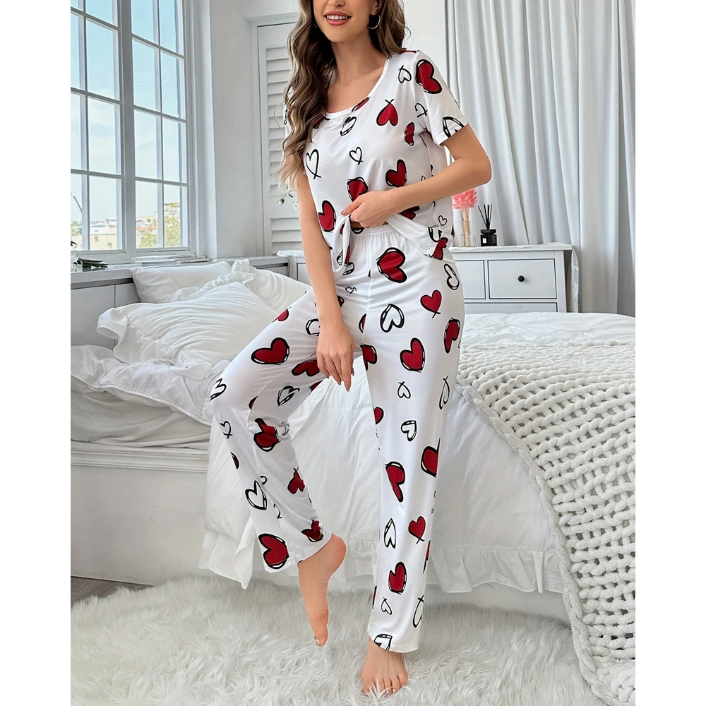 Casual Heart Print Two Piece Pajamas Set for Women Round Neck Short Sleeve Top & Long Pants Sets Sleepwear Summer Homewear