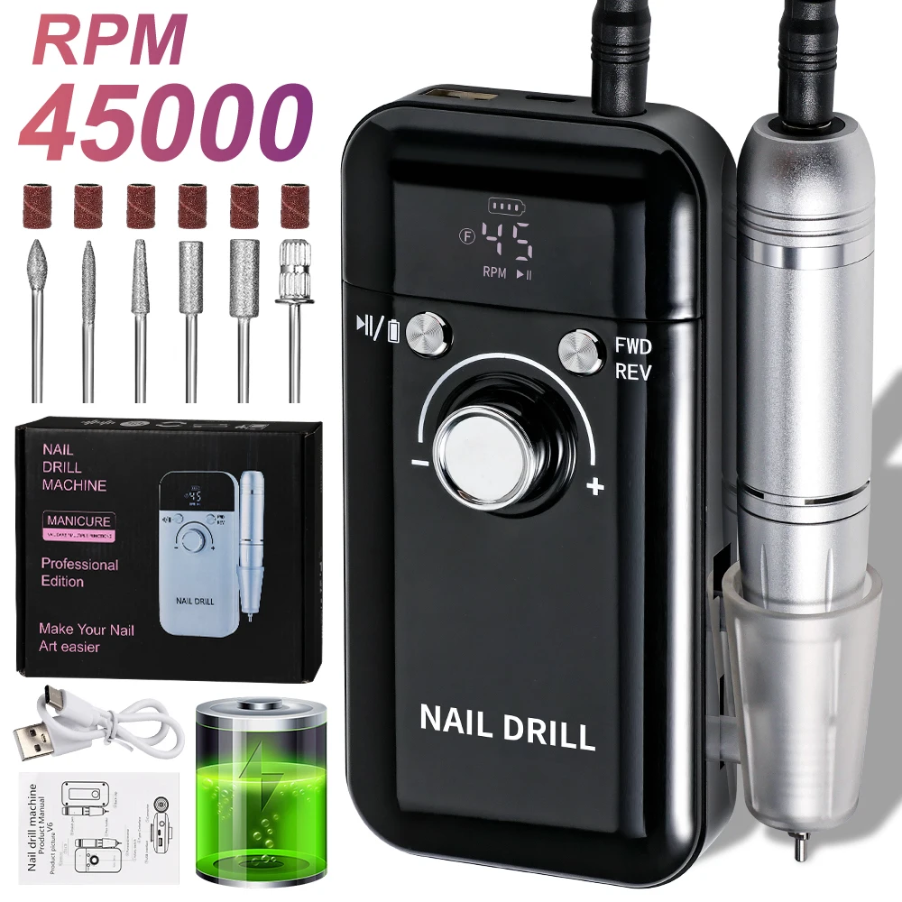 45000RPM Electric Nail Drill Machine Professional Nail Drills for Gel Nails Polish Rechargeable Portable Nail File Manicure Tool