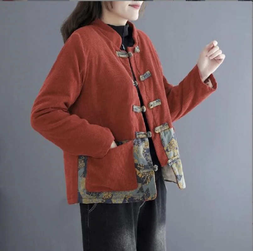 Winter Chinese Classical Women Corduroy Cotton Coat Plush Thick Jacket Ladies Casual Long Sleeve Keep Warm Jackets