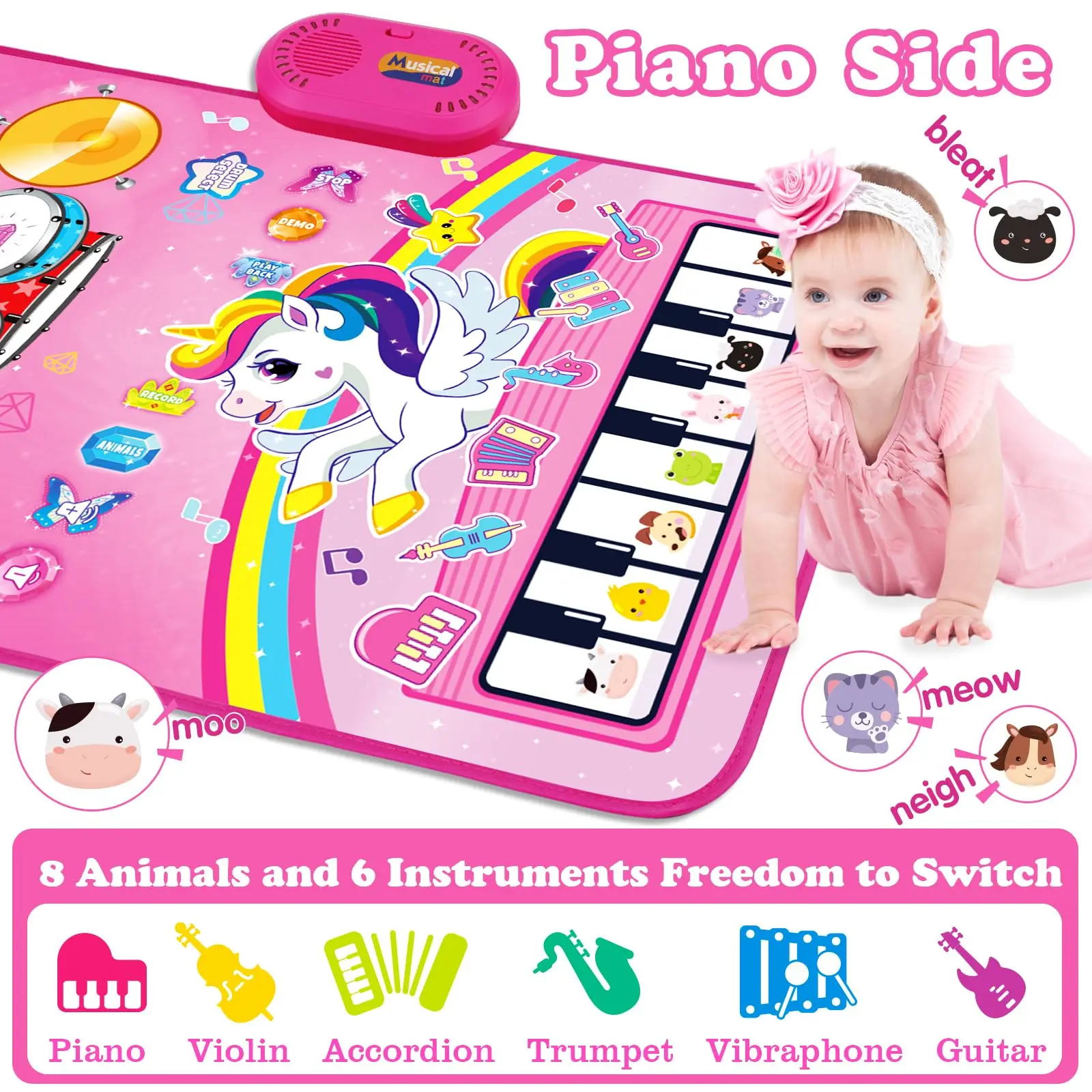 Baby Musical Mat Toddler Toys 3 in 1 Piano Drum Animal Touch Unicorn blanket Toys Babies Birthday Gifts for 0-3 Year Boys Girls 2