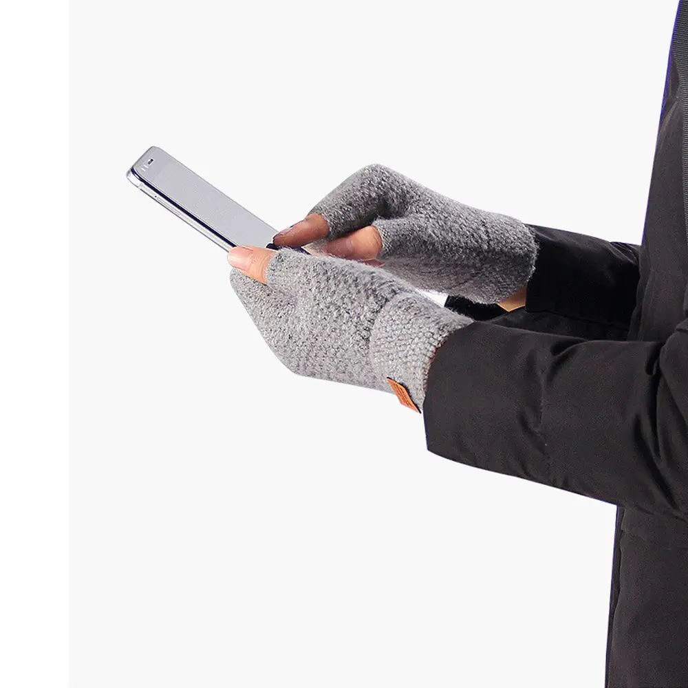 Leather Label Elastic Winter Warm Driving Gloves Half Finger Mittens Fingerless Gloves Knitted Alpaca Wool