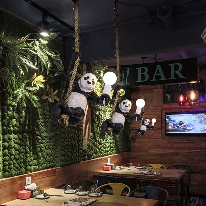 Indoor Lighting Vintage Resin Panda Pendant Light Loft Hemp Rope Hanging Lamp Fixture Home Decor Luminaire Suspension Chandelier - 2