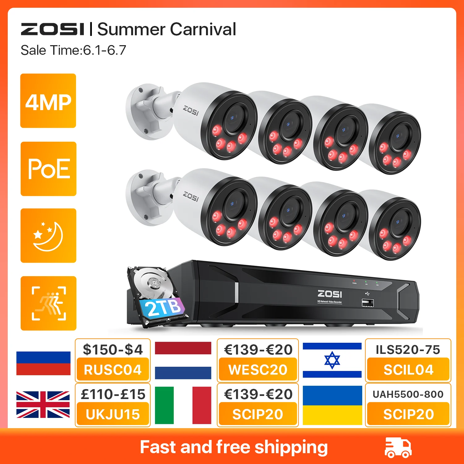 ZOSI 8CH PoE Security Camera System H.265+ 5MP 8 Channel NVR 4MP HD Outdoor PoE IP Cameras 25FPS CCTV Video Surveillance Kit
