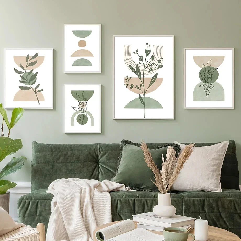 

Green Leaf Lines Geometry Minimalism Boho Wall Art Nordic Posters Abstract Pictures For Living Room Decor Canvas Prints Painting