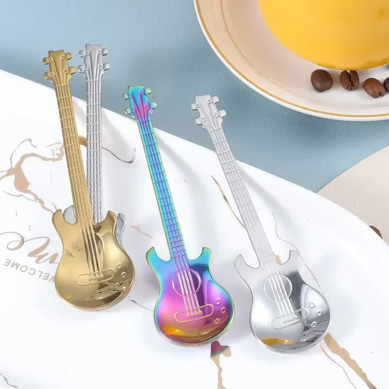 Stainless Steel Spoons 3pcs Stainless Steel Guitar Shaped Love Coffee Spoon Teaspoon Children Spoon Coffee Tea Use Kitchen