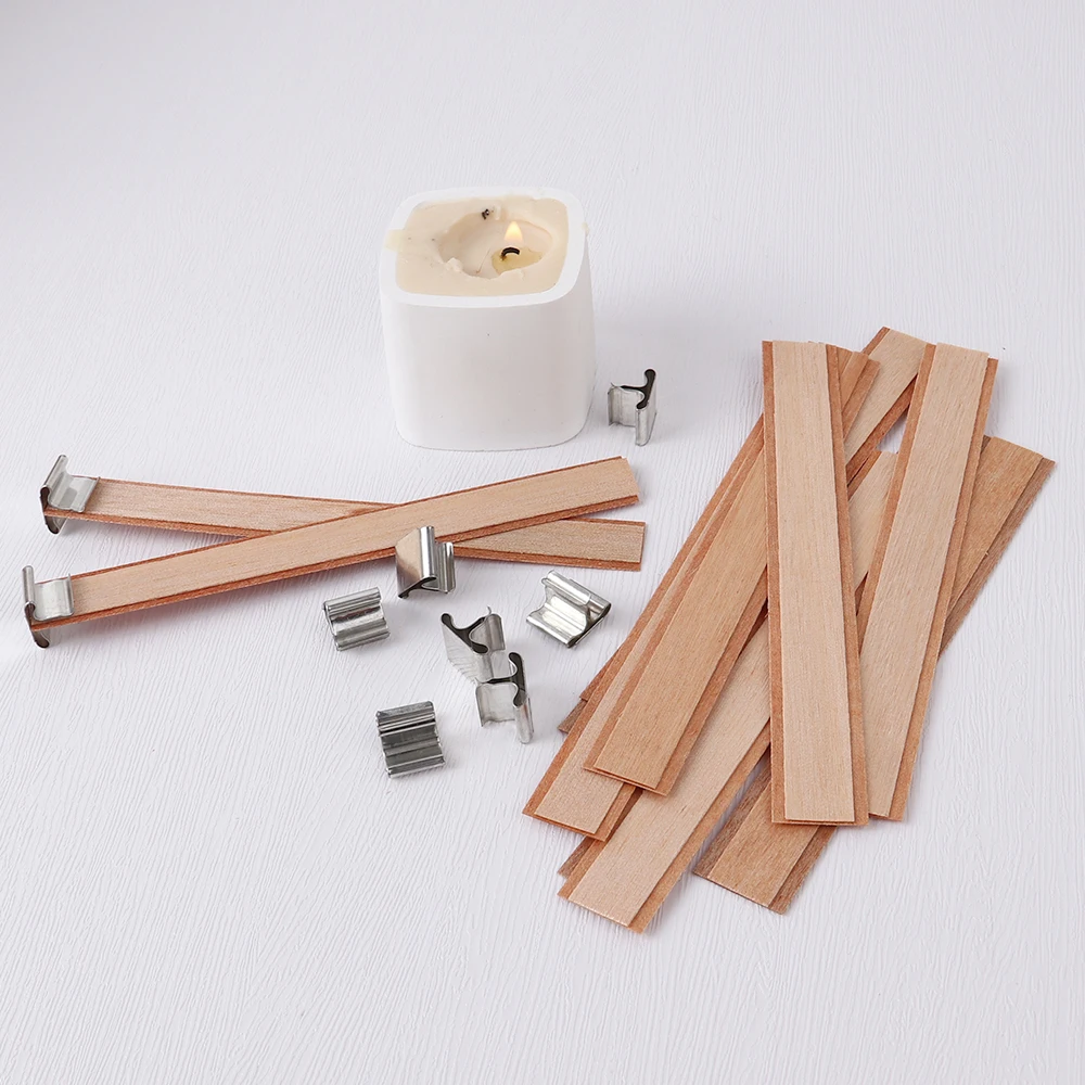 jimtinso Wooden Candle Wicks, 50 Sets Candle Making Wicks 5.1 x 0.5 inch Naturally Smokeless Wooden Candle Wicks Candle Cores with Iro