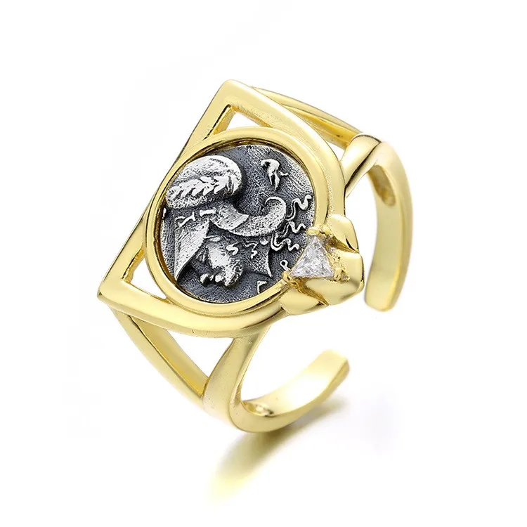 

YDNF-3 ZFSILVER Silver S925 Fashion Greek AthenaTrendy Luxury Retro Gold Ancient Coin Ring Women Girl Wedding Party Jewelry Gift