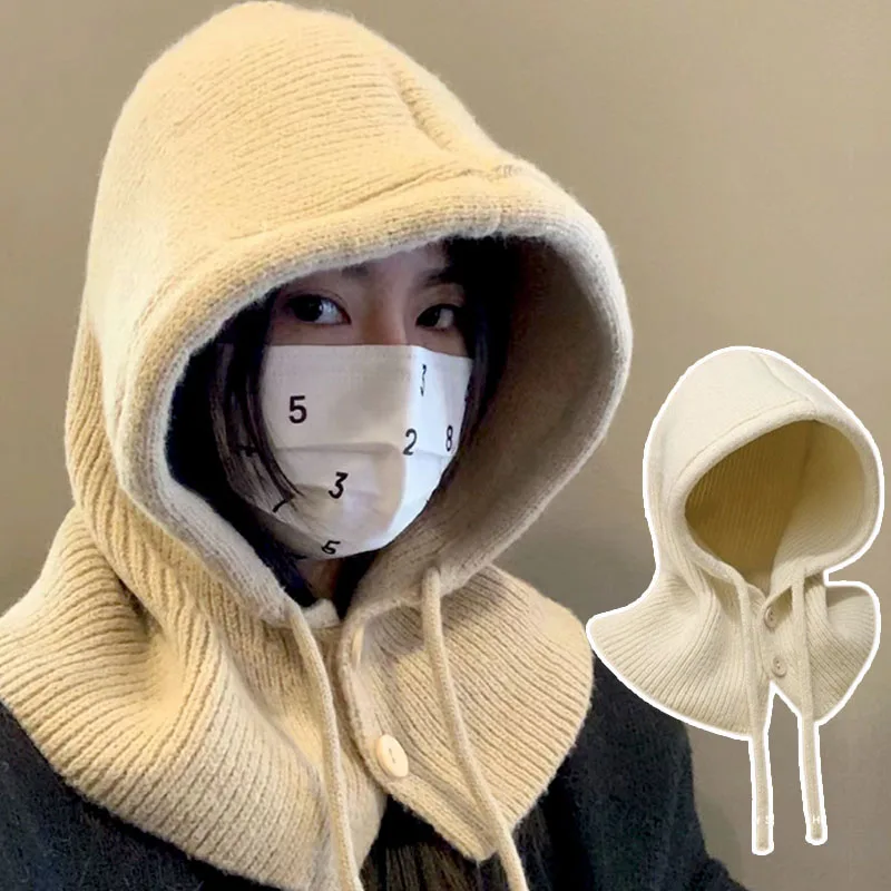 

New Winter Balaclava Hats For Women Unisex Knitted Hooded Caps Outdoor Warmer Drawstring Hat One-Piece Neck Collar Beanies Caps
