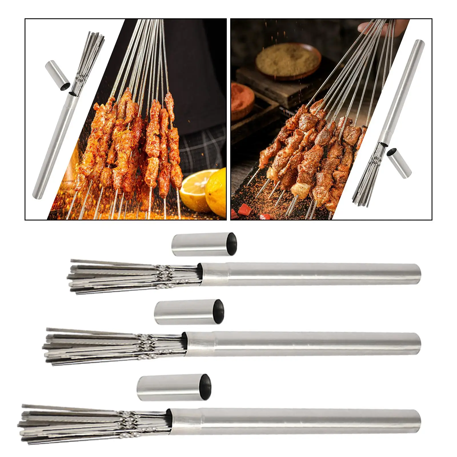 Kebab Skewers 50 Pieces Stainless Steel with Storage Tube Kabob Skewers for Grilling for Grilling Seafood Chicken Vegetables BBQ