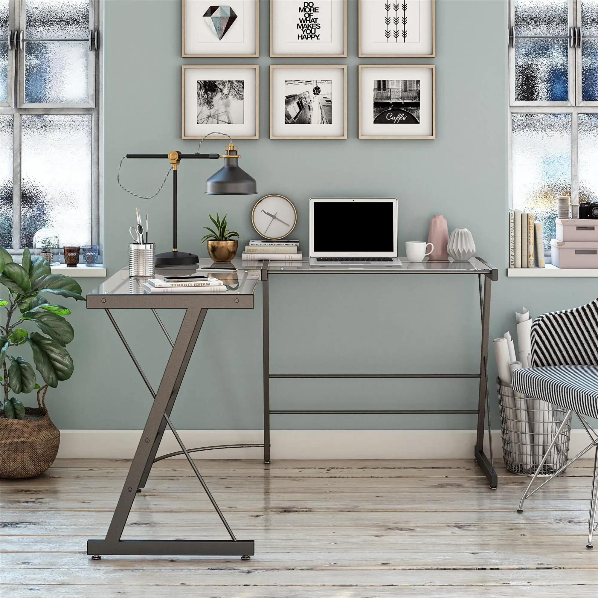 

Home L-Shaped Computer Desk Glass Top Office PC Laptop Desk Study Writing Workstation