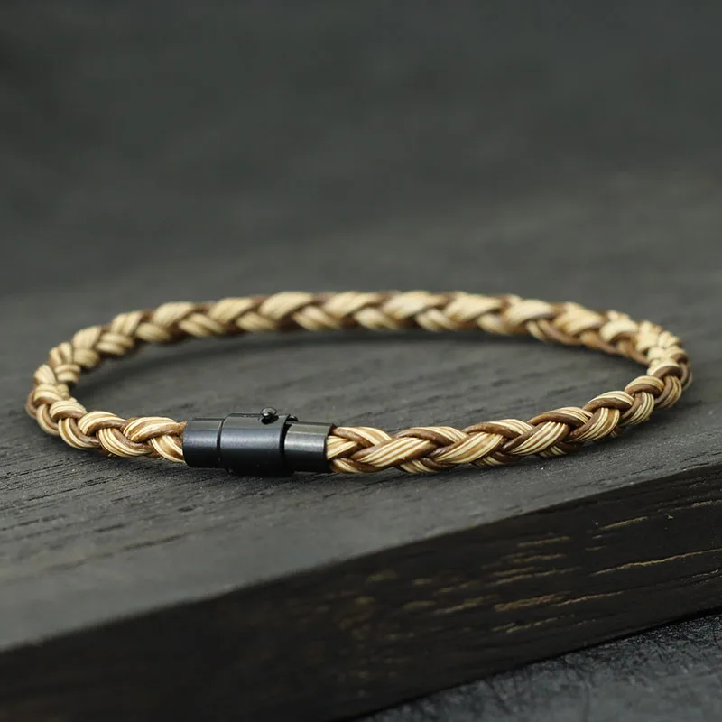Men Leather Double Safety Magnet Buckle Braided Bracelet