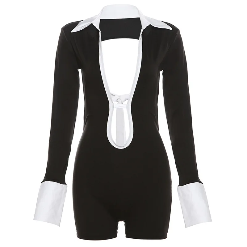 European and American Style Autumn and Winter New Women's Fashion Lapel Sexy Hollow Out Backless Contrasting Slim Fit Jumpsuit 5