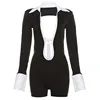 European and American Style Autumn and Winter New Women's Fashion Lapel Sexy Hollow Out Backless Contrasting Slim Fit Jumpsuit 5