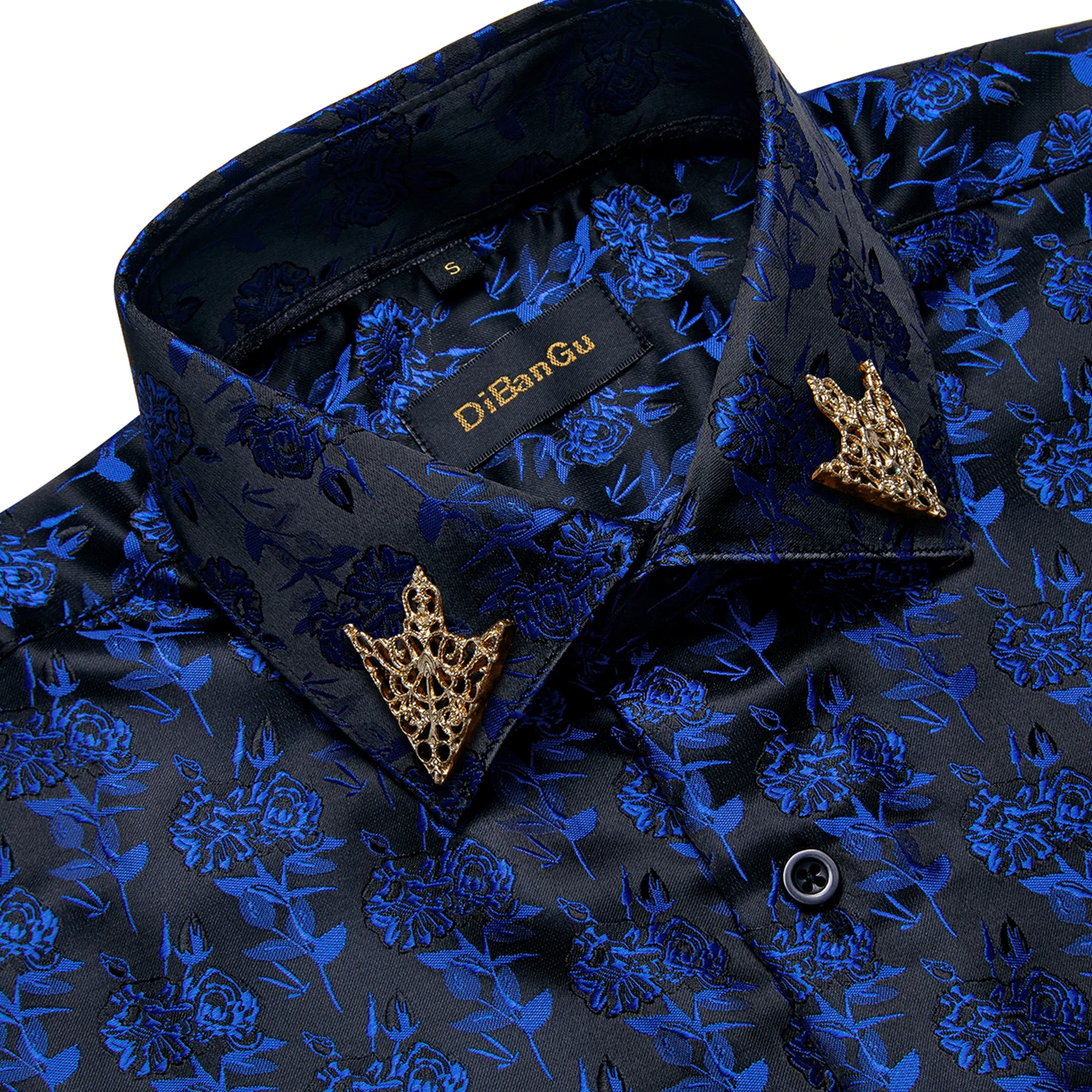 Men's Shirts Long Sleeve Blue Black Formal Dress Social Turn-Down Shirt  With Golden Collar Pin Male Blouse Casual Tops - AliExpress 200000343