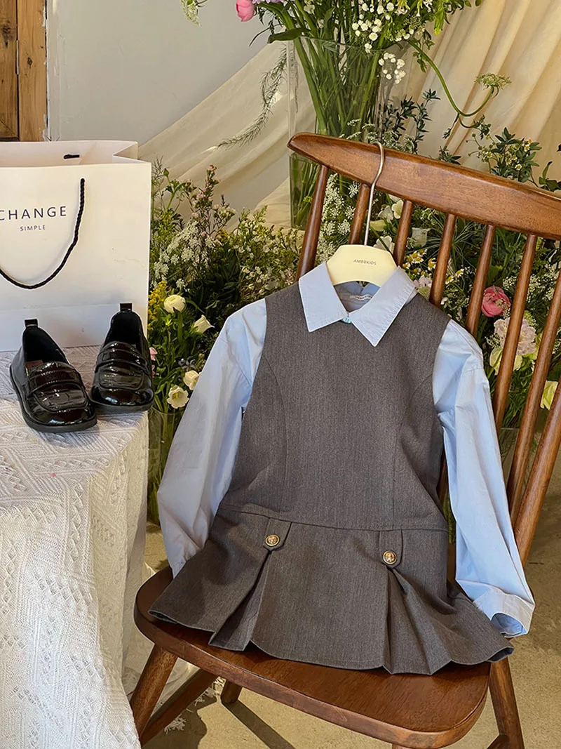 Girls Blue Shirt Grey Vest Dress Autumn Outfit