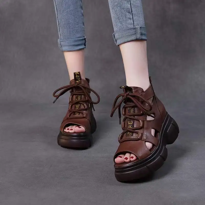 Women Sandals Wedge Sandals Fish Mouth Soft PU Leather And Cowhide Summer Roman Shoes Platform Heighten
