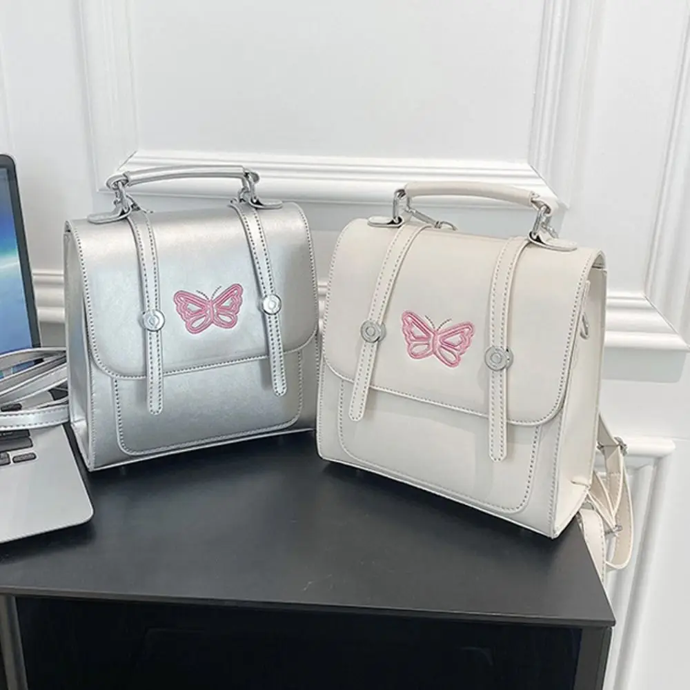 

Single Shoulder Crossbody Embroidery Butterfly Handbag Adjustable Shoulder Straps Academy Style University Student Schoolbag PU