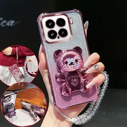 Cute 3D Bear Stand Crystal Chain Lanyard Shockproof Phone Case with Enhanced Corner Protection - Xiaomi 14T Pro (Pink)
