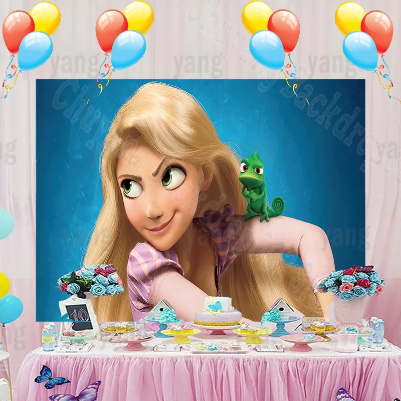 Arrière-plan de fête d'anniversaire pour filles, raiponce emmêlé Disney,  cheveux longs princesse, fleur violette, accessoires de décoration pour  photographie - AliExpress