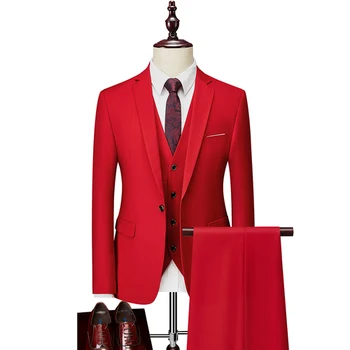 Men Slim Business Casual Suits Dress Three-piece Set Jacket Pants Vest / Male Wedding Groom Blazer Coat Trousers Waistcoat 13