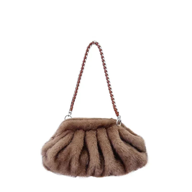 Fashion Faux Mink Fur Ruched Clutch Bag for Women Soft Plush Shoulder Bags Clip Shell Handbags Autumn and Winter Fluffy bag