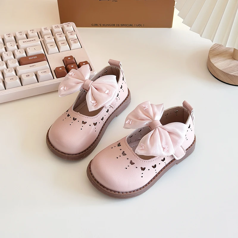 Little Girl's Leather Shoes Cut-outs Bowtie Pu Leather Shallow Kids Mary Janes Round Toe Children Shoes 21-30