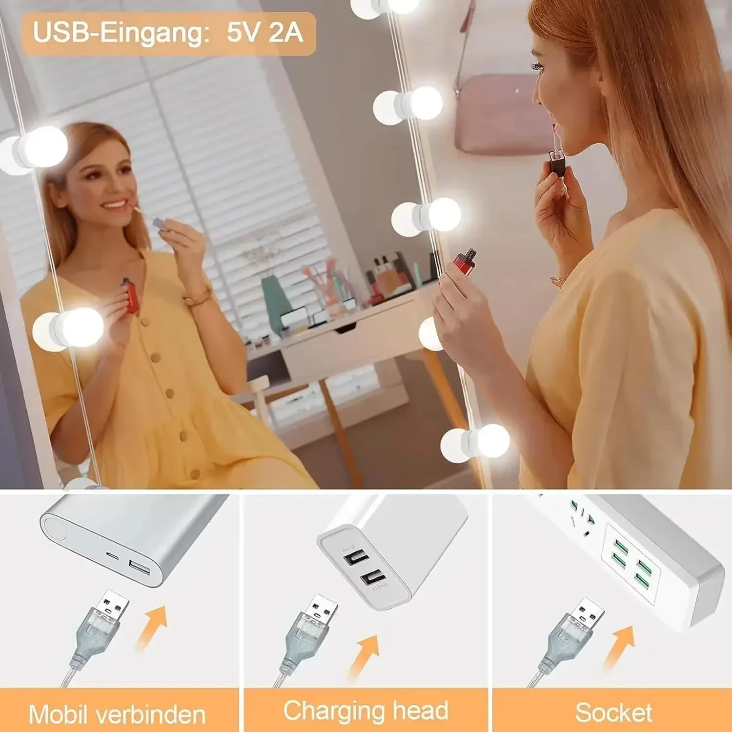 Luci per specchio da trucco Hollywood da 10/12 LED, lampadine per trucco dimmerabili, kit lampada a ventosa con luminosità e colore regolabili per camera da letto_voghion.com