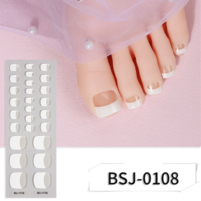 32Tips French Semi Cured Gel Toenail Wraps UV Lamp Cured Full Cover Nail Sticker Fashion Color Long Lasting Nail Manicure Deca nail stickers nail art tools