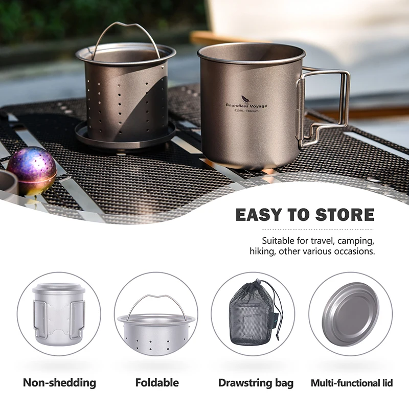 Description Picture 2 of itemBoundless Voyage Camping Titanium Cup Portable Outdoor Mug with Filter Ultralight Camping Picnic Water Coffee Cup 420ml